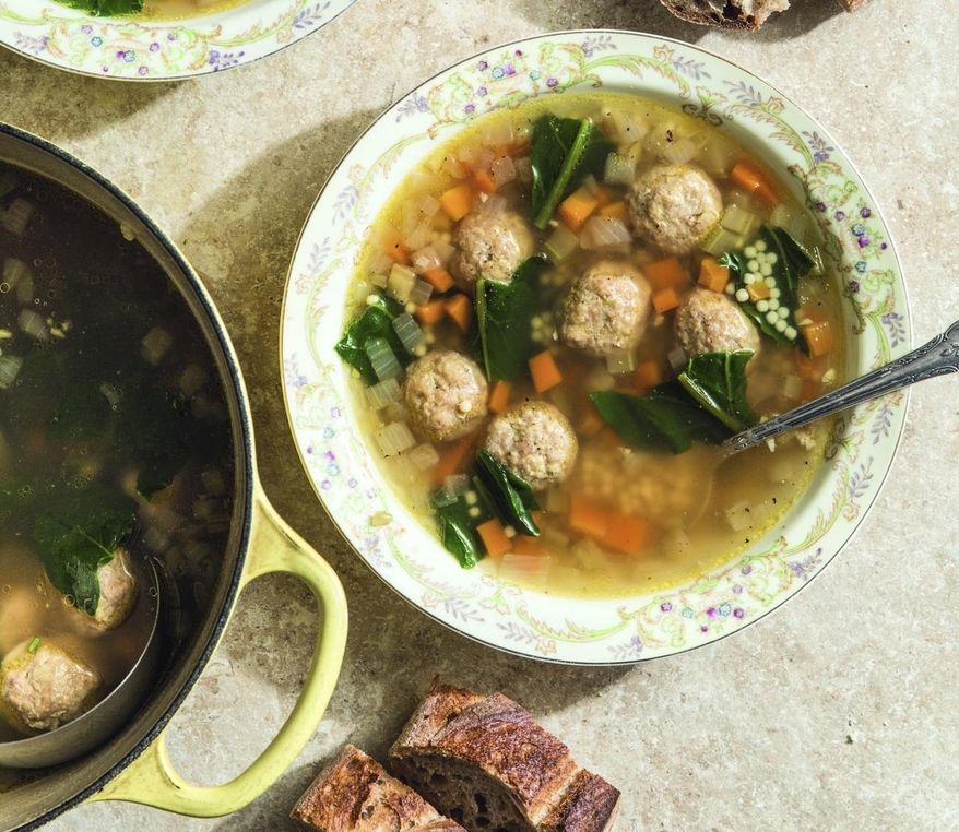 This image released by Knopf shows a recipe for Japanese Italian wedding soup, from the cookbook "Wafu Cooking: Everyday Recipes with Japanese Style" by Sonoko Sakai. (Rick Poon/Knopf via AP)