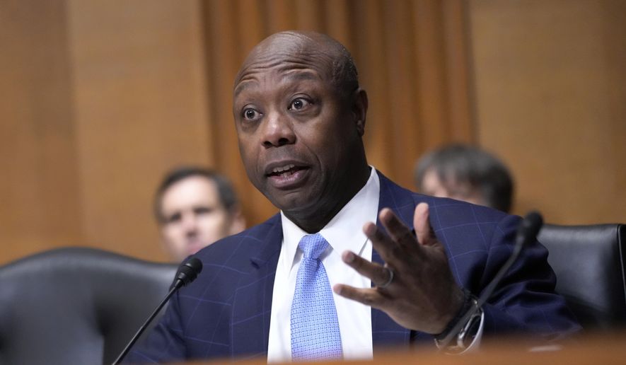 Sen. Tim Scott, R-S.C., speaks at the Senate Finance Committee confirmation hearing for Scott Bessent, then-President-elect Donald Trump's choice to be Secretary of the Treasury, at the Capitol in Washington, Thursday, Jan. 16, 2025. (AP Photo/Ben Curtis) ** FILE **