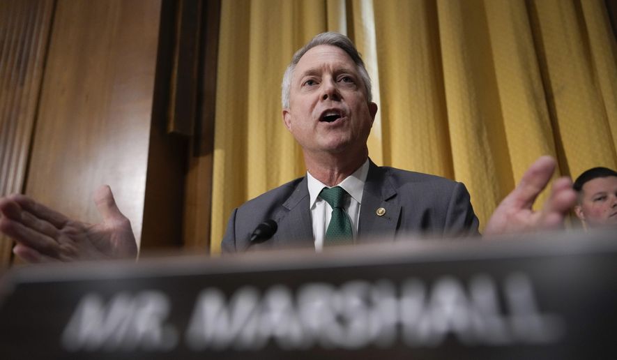 Sen. Roger Marshall, R-Kan., speaking at the Capitol in Washington, Thursday, Jan. 16, 2025. (AP Photo/Ben Curtis)