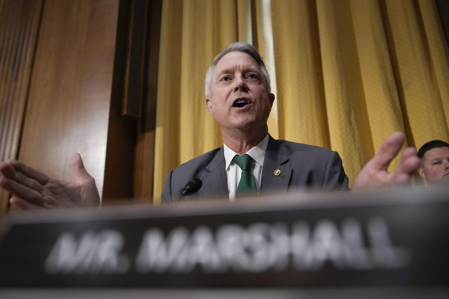 Sen. Roger Marshall, R-Kan., speaking at the Capitol in Washington, Thursday, Jan. 16, 2025. (AP Photo/Ben Curtis)