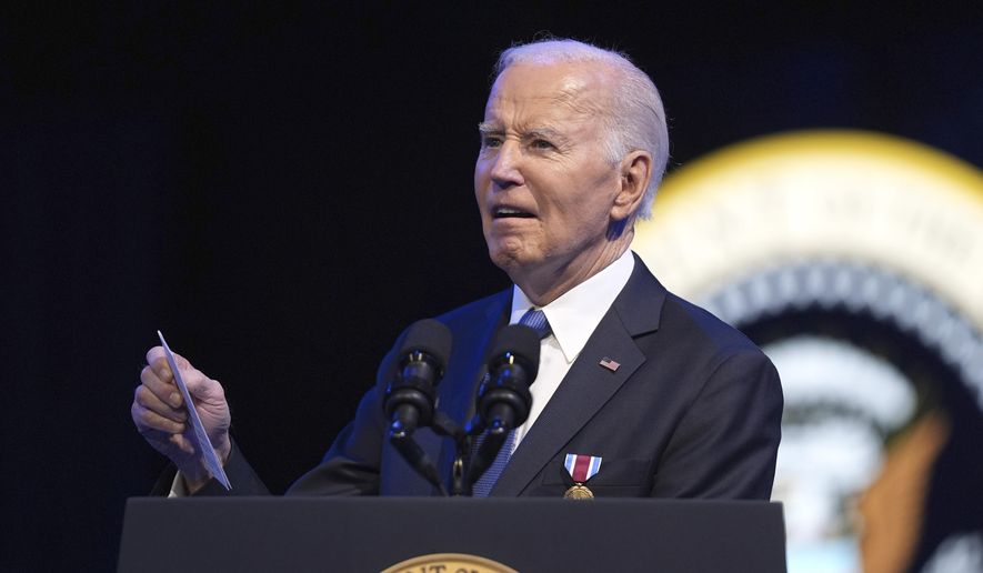President Joe Biden speaks during a Department of Defense Commander in Chief farewell ceremony at Joint Base Myer-Henderson Hall, Thursday, Jan. 16, 2025, in Arlington, Va. (AP Photo/Evan Vucci)