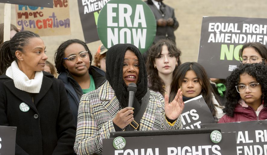 Former Rep. Cori Bush, D-Mo., speaks during a rally in front of the National Archives to highlight President Joe Biden's decision to declare the Equal Rights Amendment (ERA) as the 28th Amendment to the United States Constitution, Friday, Jan. 17, 2025, in Washington. (AP Photo/Rod Lamkey Jr.) ** FILE **