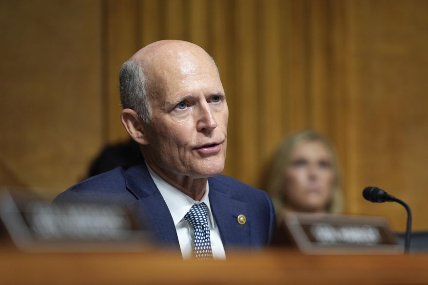 Sen. Rick Scott, R-Fla., speaks at the Senate Homeland Security and Governmental Affairs Committee confirmation hearing for then-South Dakota Gov. Kristi Noem, at the U.S. Capitol in Washington, Friday, Jan. 17, 2025. (AP Photo/Susan Walsh) ** FILE **