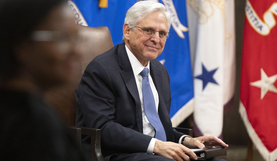 Then-Attorney General Merrick Garland sits during a farewell ceremony at the Department of Justice in Washington on Thursday, Jan. 16, 2025. (AP Photo/Mark Schiefelbein) **FILE**