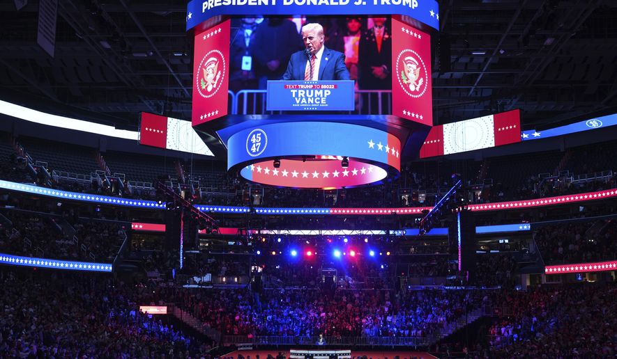 President-elect Donald Trump speaks at a rally ahead of the 60th Presidential Inauguration, Sunday, Jan. 19, 2025, in Washington. (AP Photo/Matt Rourke)