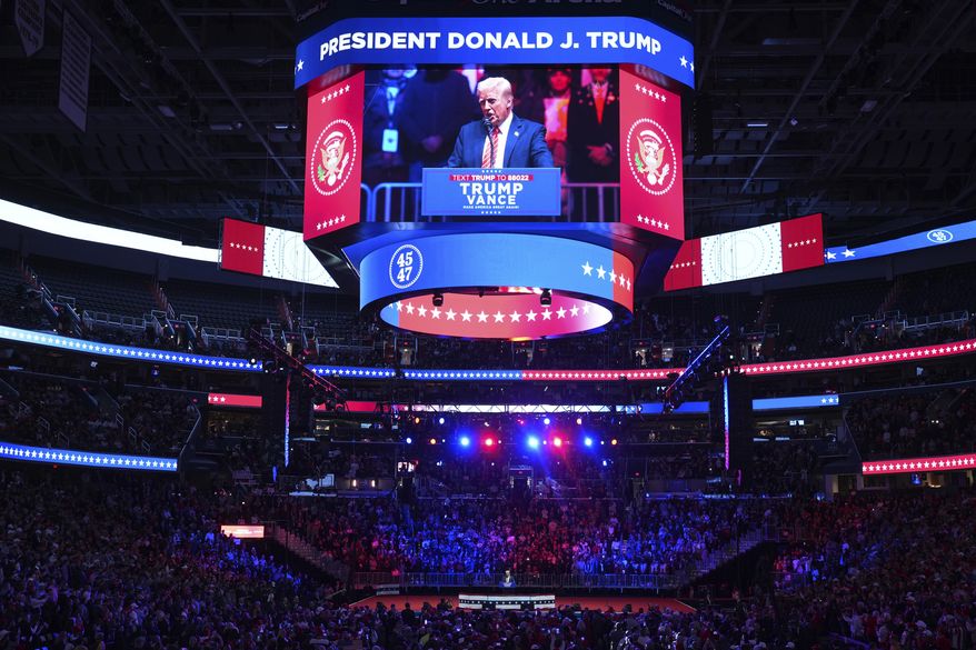 President-elect Donald Trump speaks at a rally ahead of the 60th Presidential Inauguration, Sunday, Jan. 19, 2025, in Washington. (AP Photo/Matt Rourke)