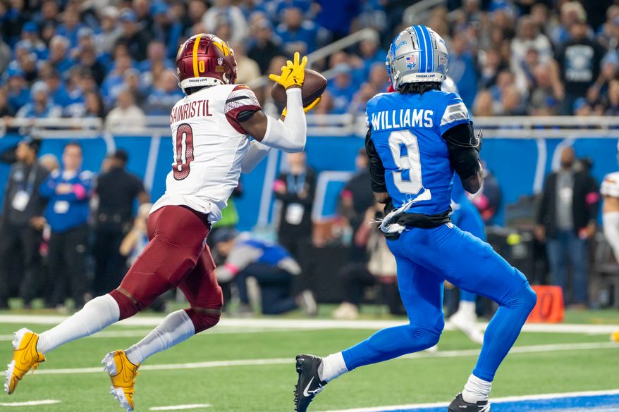 Washington Commanders Defensive Back Mike Sainristil (0) intercepts pass from Detroit Lions Quarterback Jared Goff (16) at Ford Field, Detroit, Michigan, January 18th, 2025. Washington Commanders defeat the Detroit Lions 45-31 in Divisional Playoff game. (Photo by Jordan Sabillo, for the Washington Times)