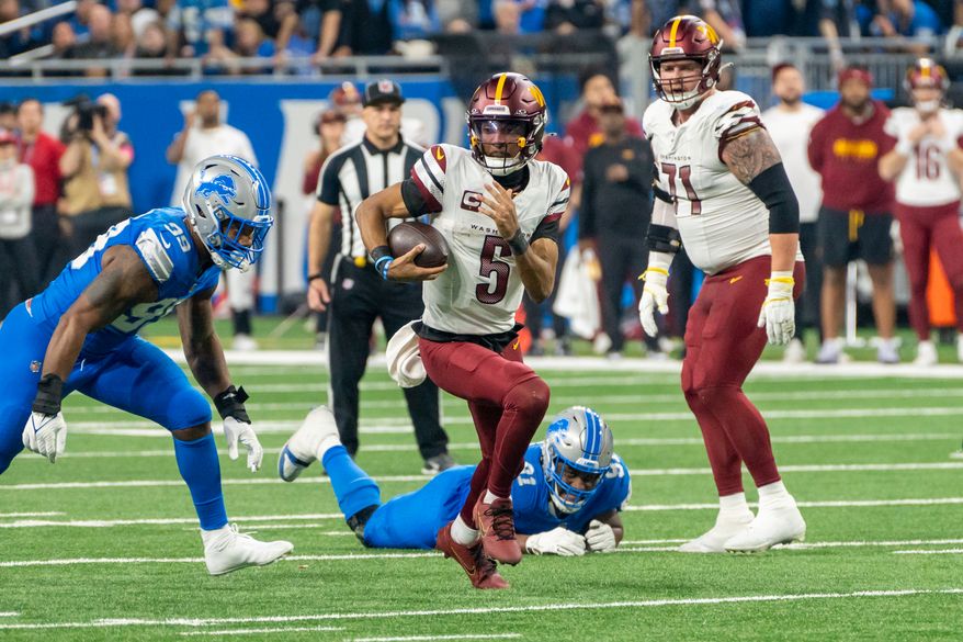 Washington Commanders Quarterback Jayden Daniels (5) scrambles out of the pocket at Ford Field, Detroit, Michigan, January 18th, 2025. Washington Commanders defeat the Detroit Lions 45-31 in Divisional Playoff game. (Photo by Jordan Sabillo, for the Washington Times)