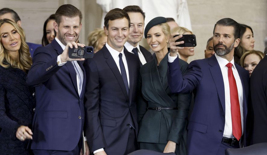 From left, Larua Trump, Eric Trump, Elon Musk, Ivanka Trump, and Donald Trump Jr., stand together following the 60th Presidential Inauguration for President Donald Trump, in the Rotunda of the U.S. Capitol in Washington, Monday, Jan. 20, 2025. (Shawn Thew/Pool photo via AP)