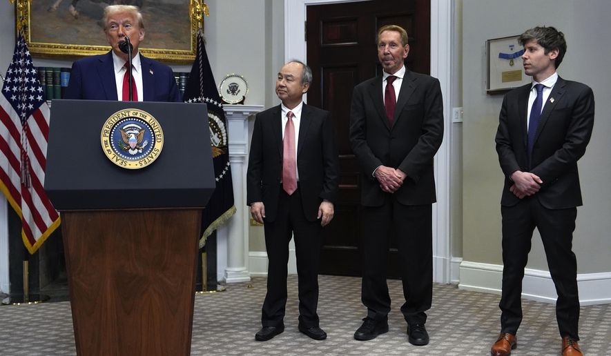 President Donald Trump, from left, speaks as Masayoshi Son, SoftBank Group CEO, Larry Ellison, chairman of Oracle Corporation and chief technology officer, and Sam Altman, OpenAI CEO listen in the Roosevelt Room at the White House, Tuesday, Jan. 21, 2025, in Washington. (AP Photo/Julia Demaree Nikhinson)