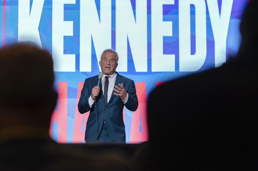 FILE - Robert F. Kennedy, Jr. speaks during the Libertarian National Convention at the Washington Hilton in Washington, Friday, May 24, 2024. (AP Photo/Jose Luis Magana, File)