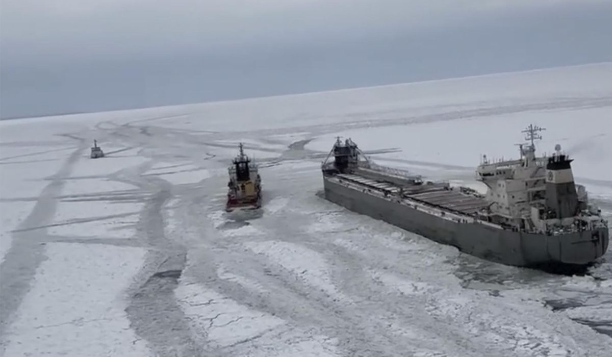 NextImg:Freighter on the move after it was freed from ice on frozen Lake Erie