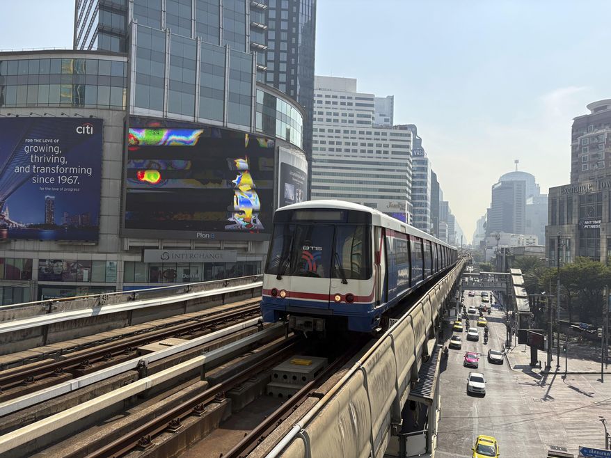 A view of Bangkok's elevated Skytrain line, in Bangkok, Thailand, Saturday, Jan. 25, 2025. (AP Photo/Jerry Harmer)