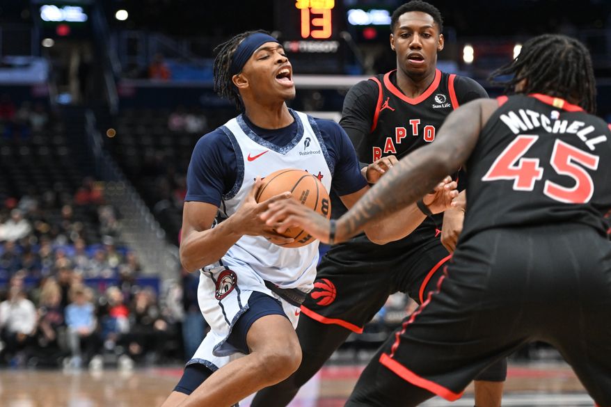 Washington Wizards forward Bilal Coulibaly (0) driving to the hoop during the first half of an NBA game against the Toronto Raptors at Capital One Arena in Washington D.C., January 29, 2025. (Photo for the Washington Times)