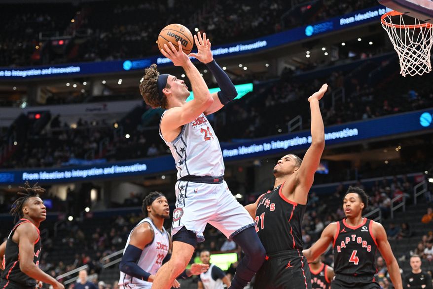 Washington Wizards guard Corey Kispert (24) putting up a shot during the first half of an NBA game against the Toronto Raptors at Capital One Arena in Washington D.C., January 29, 2025. (Photo for the Washington Times)