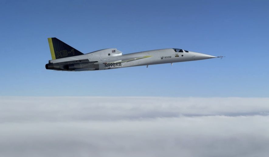 The Boom Supersonic's XB-1 aircraft breaks the sound barrier, Mach 1, during a test flight Tuesday, Jan. 28, 2025, over the Mohave Desert, Calif. (Boom Supersonic via AP)