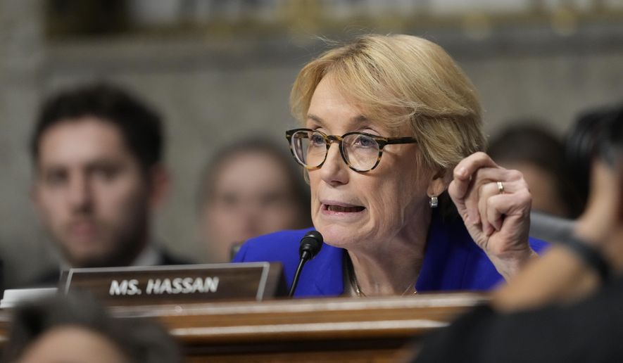 Sen. Maggie Hassan, D-N.H., questions Robert F. Kennedy Jr., then-President Donald Trump's choice to be Secretary of Health and Human Services, as he appears before the Senate Finance Committee for his confirmation hearing, at the U.S. Capitol in Washington, Wednesday, Jan. 29, 2025. (AP Photo/Ben Curtis)