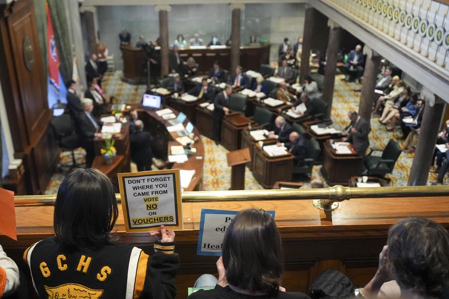 A person holds a sign over the Senate chamber during a special session of the legislature Wednesday, Jan. 29, 2025, in Nashville, Tenn. (AP Photo/George Walker IV)