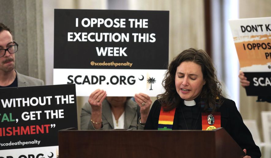 South Carolinians for Alternatives to the Death Penalty Executive Director Hillary Taylor speaks against the execution of Marion Bowman Jr. on Thursday, Jan. 30, 2025, in Columbia, S.C.. (AP Photo/Jeffrey Collins)