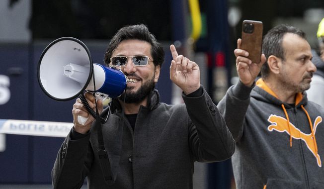 Salwan Momika speaks in Malmö, Sweden, Sept. 30, 2023. (Johan Nilsson/TT News Agency via AP, File) ** FILE **