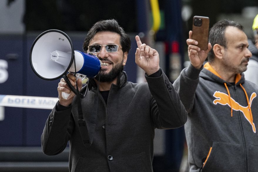Salwan Momika speaks in Malmö, Sweden, Sept. 30, 2023. (Johan Nilsson/TT News Agency via AP, File) ** FILE **