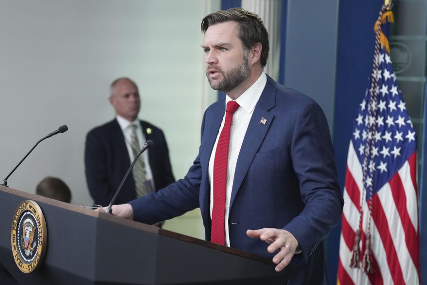 Vice President J.D. Vance speaks with reporters in the James Brady Press Briefing Room at the White House, Thursday, Jan. 30, 2025, in Washington. (AP Photo/Jacquelyn Martin) **FILE**