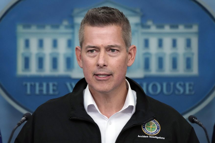 Transportation Secretary Sean Duffy speaks in the James Brady Press Briefing Room at the White House, Thursday, Jan. 30, 2025, in Washington. (AP Photo/Alex Brandon)