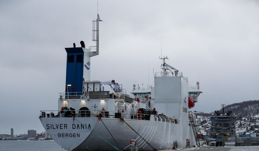 The Norwegian-owned ship Silver Dania, suspected of cable sabotage in the Baltic Sea, is the port of Tromso, Norway, Friday, Jan. 31, 2025, after it was brought in for investigation. (Rune Stoltz Bertinussen/NTB via AP)