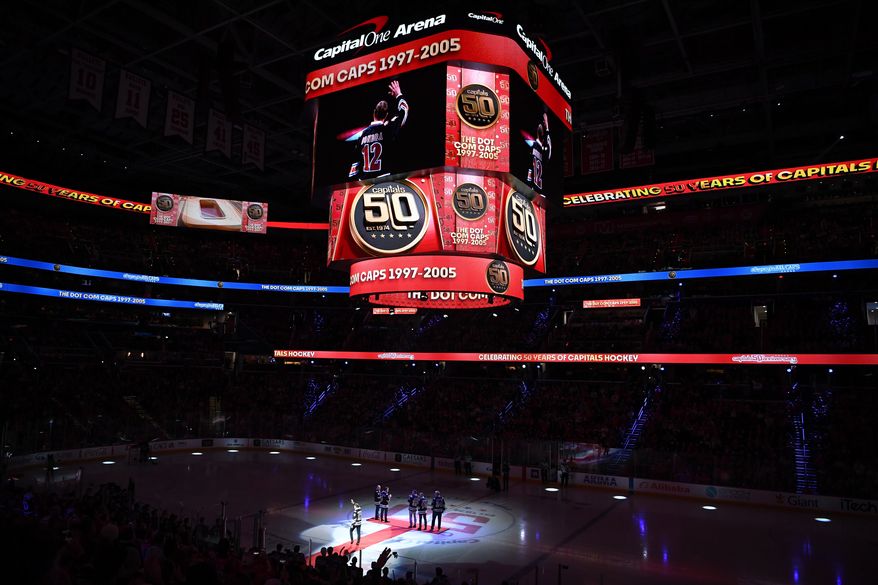 The Washington Capitals celebrating the ‘Dot.com Caps 1997-2005’ before the start of an NHL game against the Winnipeg Jets at Capital One Arena in Washington D.C., February 1, 2025. (Photo for the Washington Times)