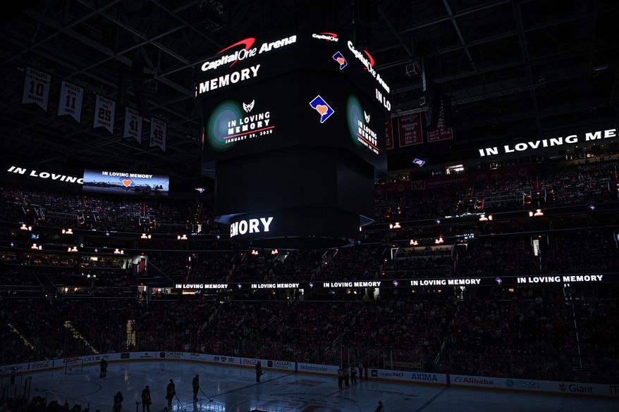 The Washington Capitals commemorating the loss of the victims in the recent airline tragedy before the start of an NHL game against the Winnipeg Jets at Capital One Arena in Washington D.C., February 1, 2025. (Photo for the Washington Times)