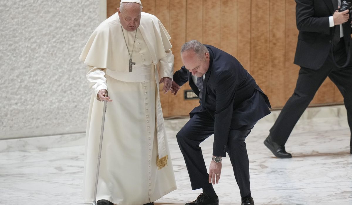 NextImg:Pope Francis stumbles while walking into Jubilee audience at the Vatican as his walking stick snaps
