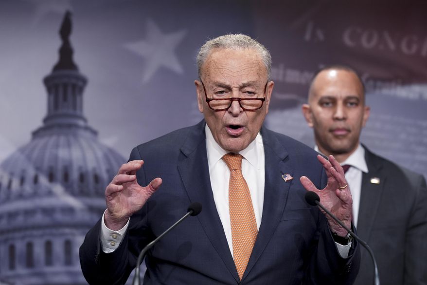 Senate Minority Leader Chuck Schumer, D-N.Y., and House Minority Leader Hakeem Jeffries, D-N.Y., right, express their alarm to reporters about actions by President Donald Trump and his adviser Elon Musk, on Capitol Hill in Washington, Tuesday, Feb. 4, 2025. Democrats fear Musk is wielding power within the federal government without accountability and potentially against the law. (AP Photo/J. Scott Applewhite) ** FILE **