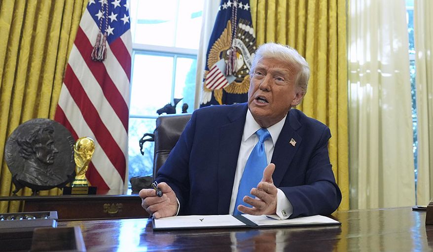 President Donald Trump speaks to reporters as he signs executive orders in the Oval Office of the White House, Tuesday, Feb. 4, 2025, in Washington. (AP Photo/Evan Vucci)