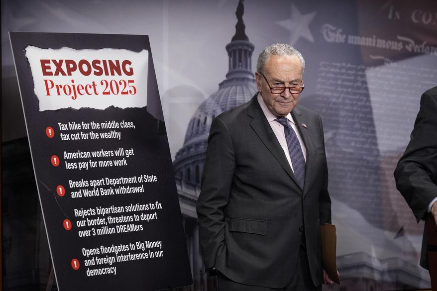 Senate Minority Leader Chuck Schumer, D-N.Y., joined by members of the Senate Budget Committee, criticizes Russ Vought, an author of the conservative handbook Project 2025 and President Donald Trump's pick to run the Office of Management and Budget, at a news conference at the Capitol in Washington, Thursday, Jan. 23, 2025. (AP Photo/J. Scott Applewhite) **FILE**