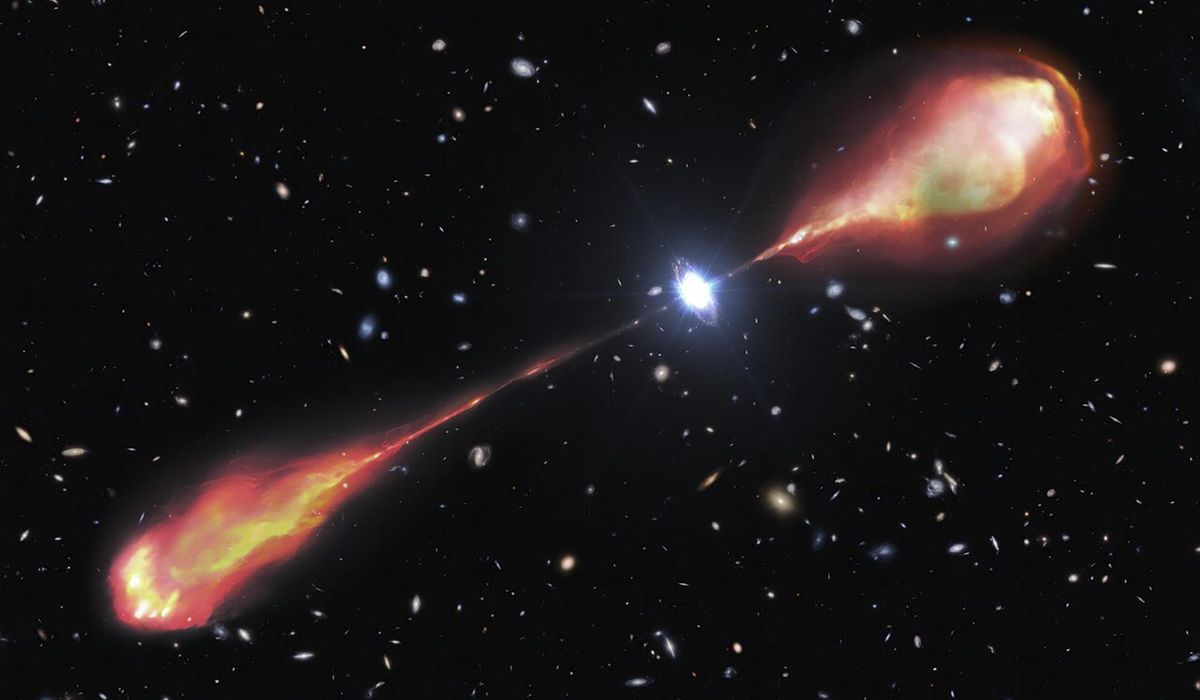 NextImg:Telescopes spy a monster radio jet streaming from a bright and early object in the universe