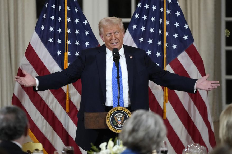 President Donald Trump speaks at a dinner with Senate Republicans at Mar-a-Lago in Palm Beach, Fla., Friday, Feb. 7, 2025. (AP Photo/Ben Curtis)