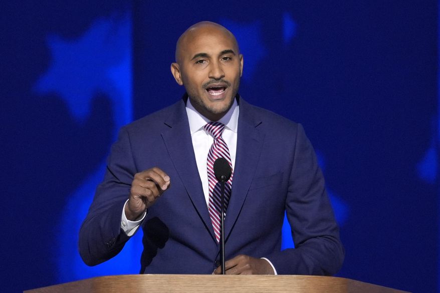 FILE - Shomari Figures, who is running for Alabama's 2nd Congressional District, speaks during the Democratic National Convention Thursday, Aug. 22, 2024, in Chicago. (AP Photo/J. Scott Applewhite, File)