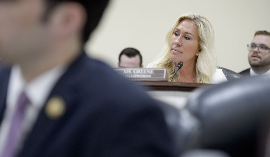 Rep. Marjorie Taylor-Greene, R-Ga., presides over a House Delivering on Government Efficiency Oversight Subcommittee hearing on "The War on Waste: Stamping Out the Scourge of Improper Payments and Fraud" on Capitol Hill, Wednesday, Feb. 12, 2025, in Washington. (AP Photo/Rod Lamkey Jr.) ** FILE **