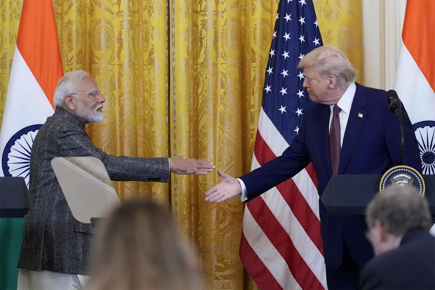 President Donald Trump and India's Prime Minister Narendra Modi shake hands during a news conference in the East Room of the White House, Thursday, Feb. 13, 2025, in Washington. (Photo/Alex Brandon)