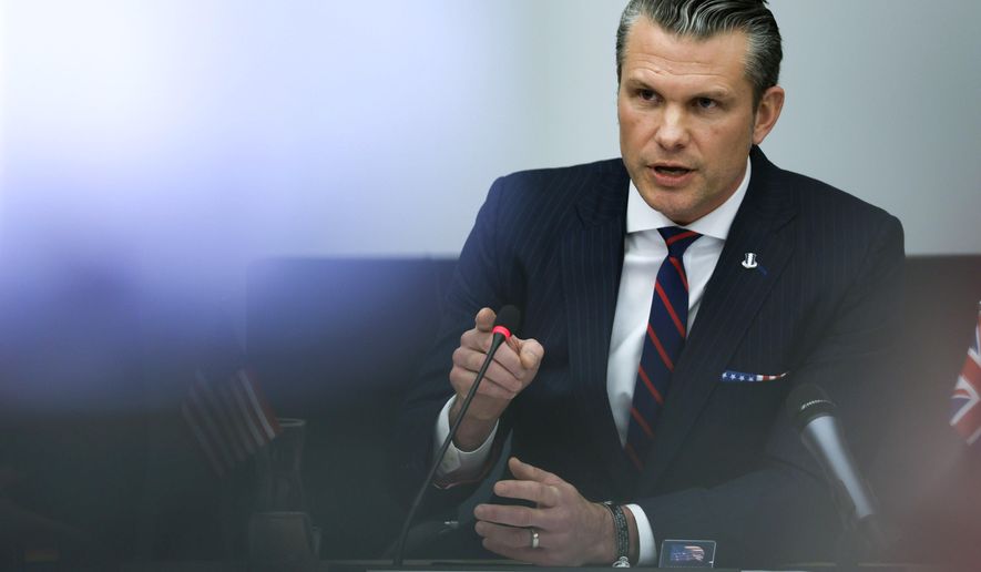 United States Secretary of Defense Pete Hegseth speaks during a meeting of the Ukraine Defense Contact group at NATO headquarters in Brussels, Wednesday, Feb. 12, 2025. (AP Photo/Omar Havana)