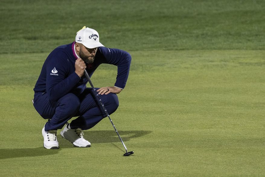 Captain Jon Rahm, of Legion XIII, prepares to putt on the fourth green during the second round of LIV Golf Riyadh at Riyadh Golf Club, Friday, Feb. 7, 2025, in Riyadh, Saudi Arabia. (Matthew Harris/LIV Golf via AP)