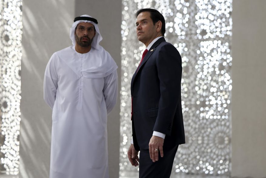 U.S. Secretary of State Marco Rubio, right, visits the Abrahamic Family House in Abu Dhabi, United Arab Emirates, Wednesday, Feb. 19, 2025. (Evelyn Hockstein/Pool Photo via AP)