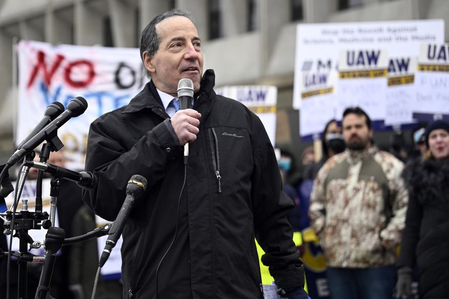 Rep. Jamie Raskin, D-Md., speaks at rally at the Health and Human Services headquarters to protest the polices of President Donald Trump and Elon Musk on Wednesday, Feb. 19, 2025, in Washington. (AP Photo/John McDonnell) ** FILE **