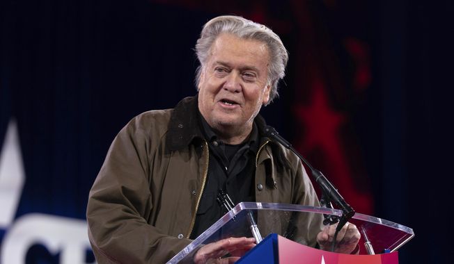 Steve Bannon speaks at the Conservative Political Action Conference, CPAC, at the Gaylord National Resort & Convention Center, Thursday, Feb. 20, 2025, in Oxon Hill, Md. (AP Photo/Jose Luis Magana) ** FILE **
