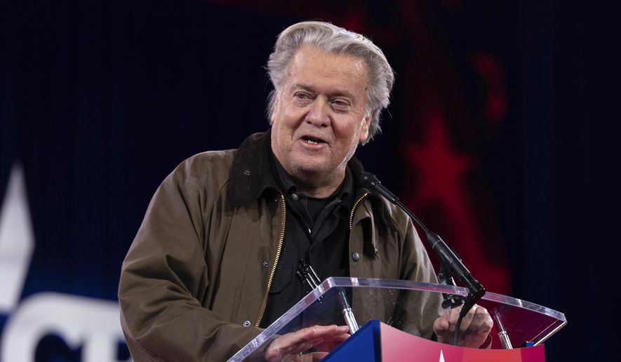 Steve Bannon speaks at the Conservative Political Action Conference, CPAC, at the Gaylord National Resort & Convention Center, Thursday, Feb. 20, 2025, in Oxon Hill, Md. (AP Photo/Jose Luis Magana) ** FILE **