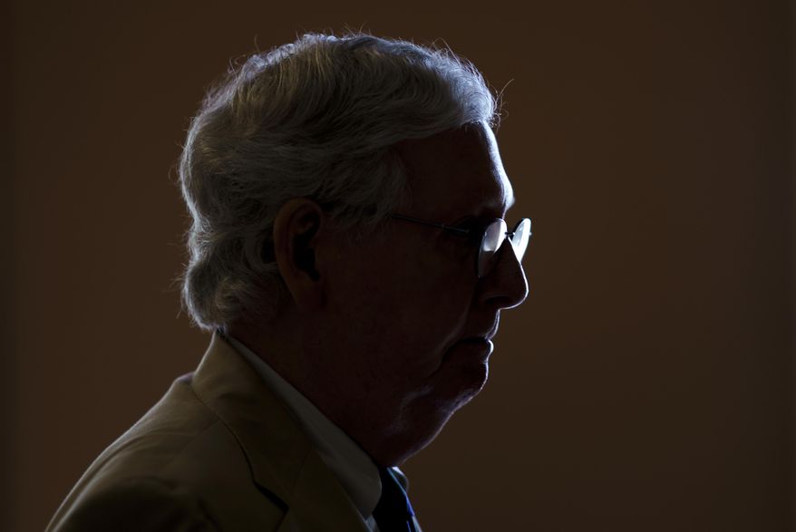 FILE - Senate Minority Leader Mitch McConnell, R-Ky., is silhouetted by window light as he heads to the chamber to begin the week, on Capitol Hill in Washington, June 21, 2021. (AP Photo/J. Scott Applewhite, File)