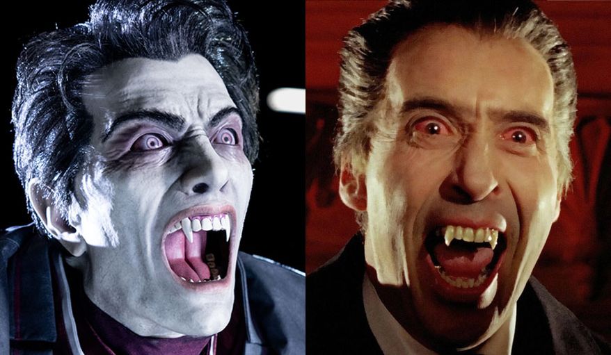 Dracula as imagined for Universal Epic Universe's Dark Universe's "Monsters Unchained: The Frankenstein Experiment" compared to actor Christopher Lee as Dracula in the famed Hammer Films franchise.