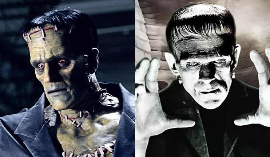 Frankenstein's monster as imagined for Universal Epic Universe's Dark Universe's "Monsters Unchained: The Frankenstein Experiment" compared to actor Boris Karloff from the 1931 film "Frankenstein."