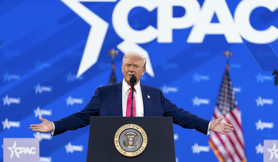 President Donald Trump speaks at the Conservative Political Action Conference, CPAC, at the Gaylord National Resort & Convention Center, Saturday, Feb. 22, 2025, in Oxon Hill, Md. (AP Photo/Jose Luis Magana)
