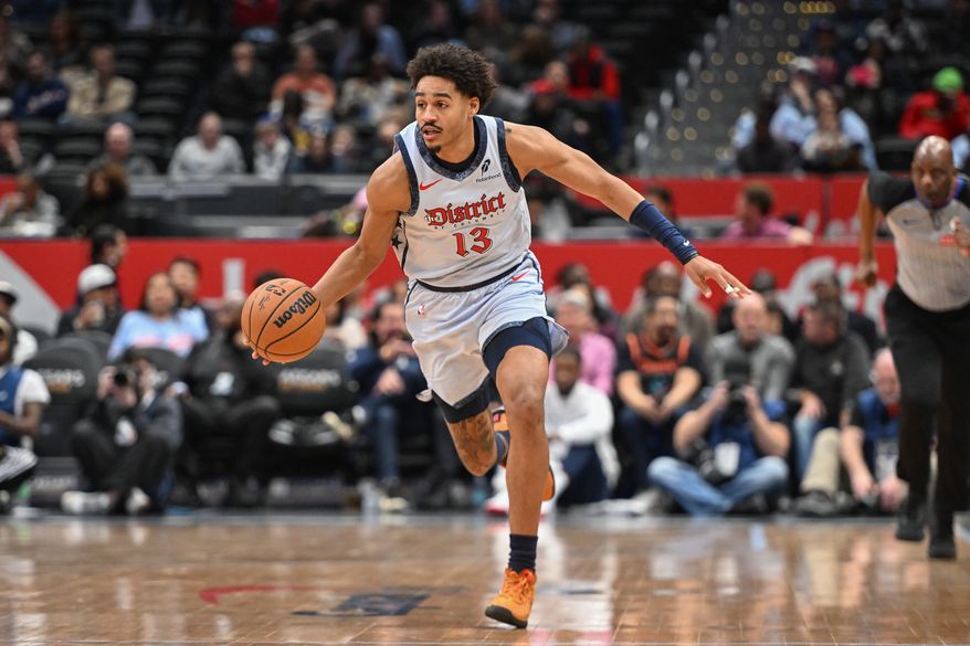 Washington Wizards guard Jordan Poole (13) bringing the ball up court during the first quarter of an NBA game against the Brooklyn Nets at Capital One Arena in Washington D.C., February 24, 2025. (Photo for the Washington Times)
